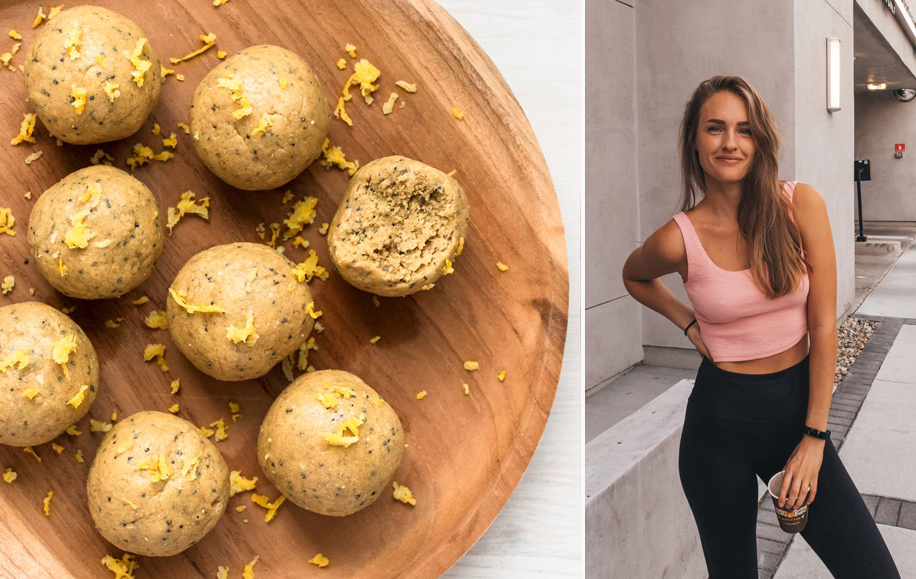 Image of the protein balls and Alexandra Andersson (Fivesec health)